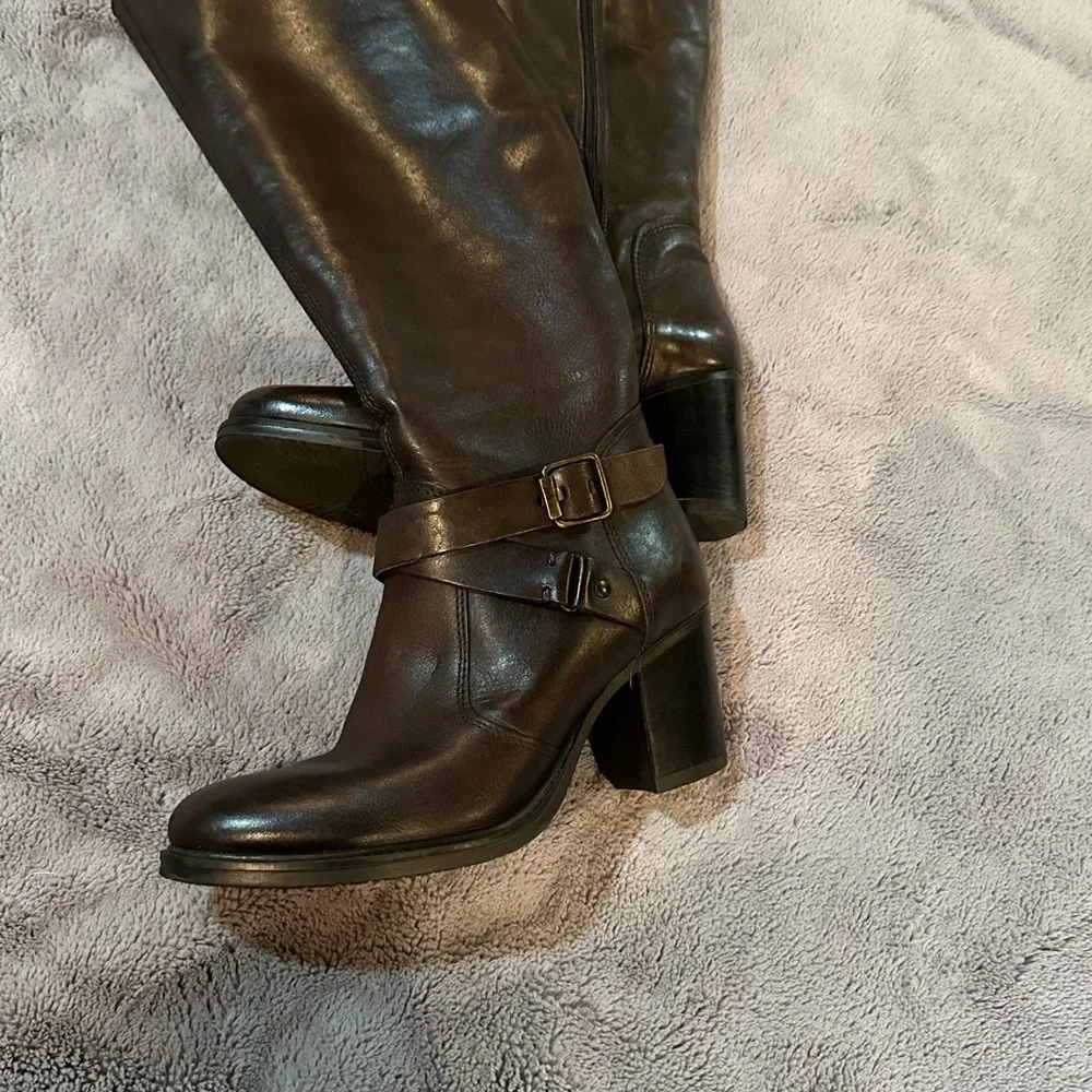 Aldo boots.  Size 7.  Dark brown leather tall 2 buckles - Picture 4 of 11